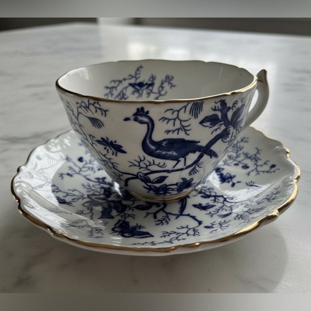Vintage Coalport Blue & White Teacup & Saucer Set Cairo Gold Color Rim England